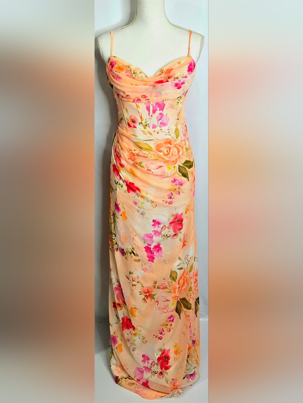 Azazie Mai Floral Chiffon Bridesmaid Wedding Guest Corset Maxi Dress NWT 8